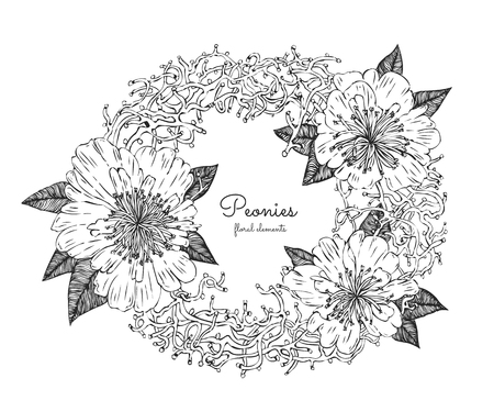 Wreath with blooming peonies and sprigs. Isolated on white background. Wreath in vintage style.のイラスト素材