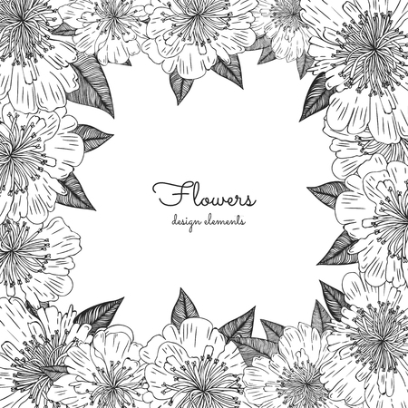 Floral frame with hand drawn vintage peonies. Vector elements for design template. Ornate decor for invitations, wedding greeting cards.のイラスト素材