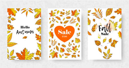 Set of Autumn sale flyer template with lettering, orange leaves. Fall promotion. Poster, banner, card, label, and other designのイラスト素材
