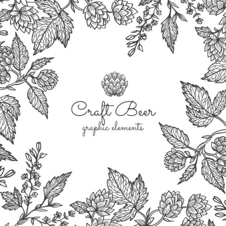 Beer hops branch with leaves and hop cones. Vintage engraved hops for labels, packaging, poster with production process brewery beer. Hand drawn design element. All element isolatedのイラスト素材