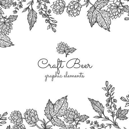 Beer hops branch with leaves and hop cones. Vintage engraved hops for labels, packaging, poster with production process brewery beer. Hand drawn design element. All element isolatedのイラスト素材