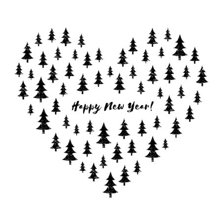 Heart stylized with grunge Christmas trees with text Happy New Year! Winter holiday greeting card. Vector Illustrationのイラスト素材