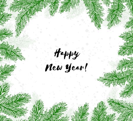 Frame with coniferous branches and text with Happy New Year! Winter holiday greeting card. Vector Illustration.のイラスト素材