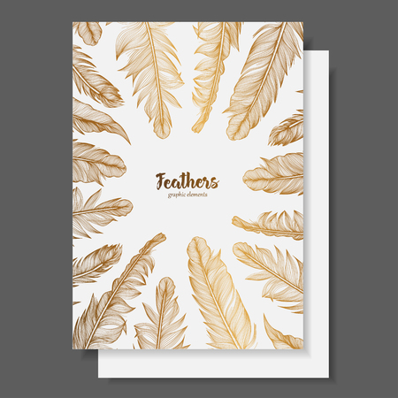 Vector design template with gold feathers for invitations, wedding greeting cards, certificate, labelsのイラスト素材