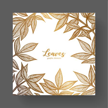 Gold design template for wedding invitations, greeting cards, labels, packaging design, frame for inspirational quotes. A beautiful golden frame of peony leavesのイラスト素材