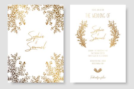 Gold invitation with floral branches. Gold cards templates for save the date, wedding invites, greeting cards, postcardsのイラスト素材
