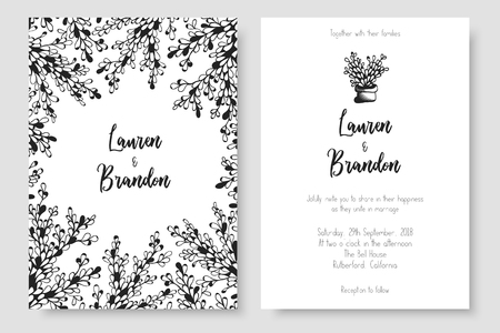 Graphic detailed cards with floral branches. Vector cards templates for save the date, wedding invites, greeting cards, postcardsのイラスト素材