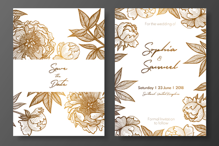 Gold invitation with peonies and leaves. Gold cards templates for save the date, wedding invites, greeting cards, postcards, thank you card, menu, flyer and backgrounds.のイラスト素材