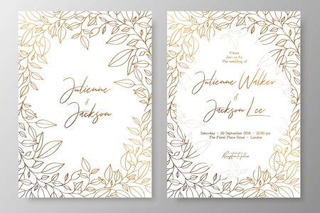 Gold invitation with frame of leaves. Gold cards templates for save the date, wedding invites, greeting cards, postcards, thank you card, menu, flyer and backgroundsのイラスト素材