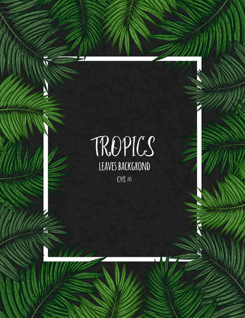 Green floral frame with tropical leaves. Botanical design template for wedding invitations, greeting cards, postcards, web design, social media, labels, packaging design, frame for quotesのイラスト素材