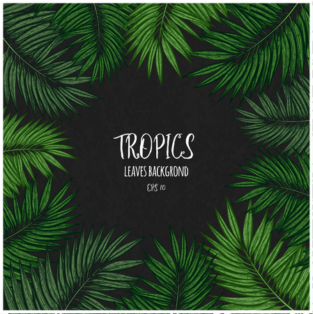 Green floral frame with tropical leaves. Botanical design template for wedding invitations, greeting cards, postcards, web design, social media, labels, packaging design, frame for quotesのイラスト素材