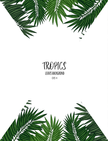 Green floral frame with tropical leaves. Botanical design template for wedding invitations, greeting cards, postcards, web design, social media, labels, packaging design, frame for quotesのイラスト素材