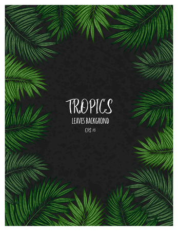 Green floral frame with tropical leaves. Botanical design template for wedding invitations, greeting cards, postcards, web design, social media, labels, packaging design, frame for quotesのイラスト素材