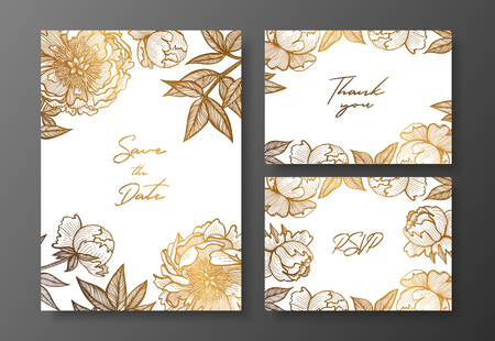 Gold wedding invitation with peonies vector illustration templateのイラスト素材