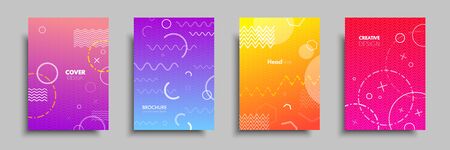 Modern colorful covers with multi-colored geometric shapes and objects. Abstract design template for brochures, flyers, banners, headers, book covers, notebooks.のイラスト素材
