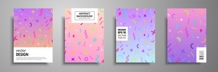 Placard templates set with abstract geometric elements. Memphis style cards. Collection of templates in trendy memphis fashion 80-90s. Applicable for placards, brochures, flyers, covers and bannersのイラスト素材