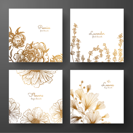 Gold collection of cards design with peonies, lavender, chamomile and leaves of ginkgo biloba. Template frame for birthday and greeting card, wedding invitation, flyer, package designのイラスト素材