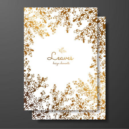 Gold floral cards templates with abstract plants. Template frame for birthday and greeting card, wedding invitation, save the date, notebook. Luxury frame elements and background.のイラスト素材