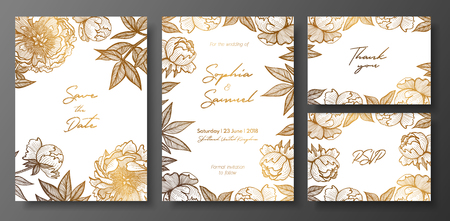 Set of gold and white wedding cards with peonies. Gold floral cards templates for save the date, thank you card, wedding invites, menu, flyer, greeting cards, postcards.のイラスト素材