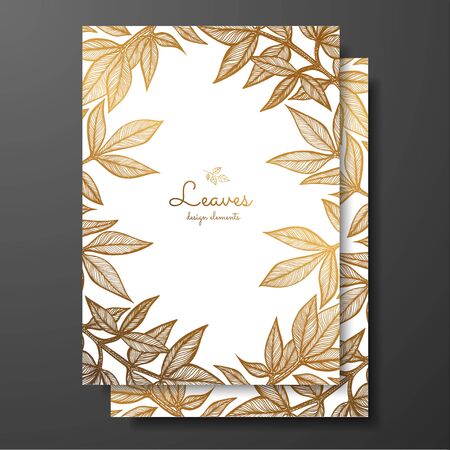 Gold floral card template with peony leaves. Template frame for birthday and greeting card, wedding invitation, save the date, notebook. Beautiful golden frame of peony leaves.のイラスト素材