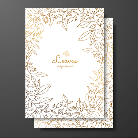 Save the date card wedding invitation template. Design template with wreath of leaves. Gold card template for greeting card, postcard, thank you card, menu, flyer and background.のイラスト素材