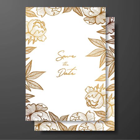 Gold card template for invitations, greeting cards, postcards, package design, or as a complement to a vintage project. Place for text. Template design include peonies and peonies leavesのイラスト素材