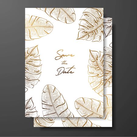 Gold wedding invitation with tropical leaves. Vector elements for design template. Gold tropical leaves for cards, wedding invites, save the date, greeting design, thank you cards, brochures, bannersのイラスト素材