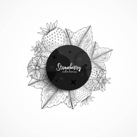 Vector round banner with strawberry. Modern banner with hand drawn berries. With place for text.のイラスト素材
