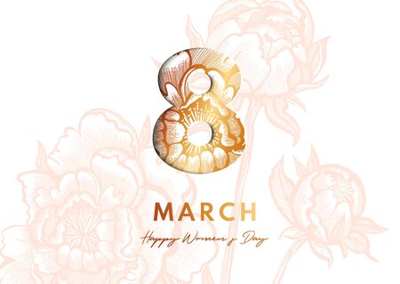 8 March. Women's Day Greeting card, Paper cut style. Great golden design for newsletter, brochures, postcards, tickets, advertisements, bannersのイラスト素材