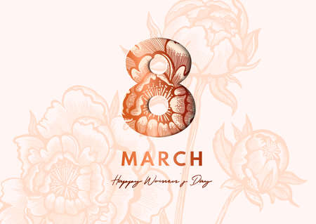 8 March. Women's Day Greeting card. Paper cut style. Great golden design for newsletter, brochures, postcards, tickets, advertisements, bannersのイラスト素材