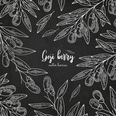 Healthy food design template with berries. Hand drawn frame with goji berry. Summer or autumn template on chalkboard. Great for label, design menu, recipes, poster, packaging design, wrapping paperのイラスト素材