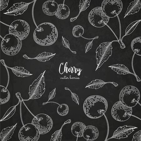 Healthy food design template with berries. Hand drawn frame with cherry. Summer or autumn template on chalkboard. Great for label, design menu, recipes, poster, packaging design, wrapping paperのイラスト素材