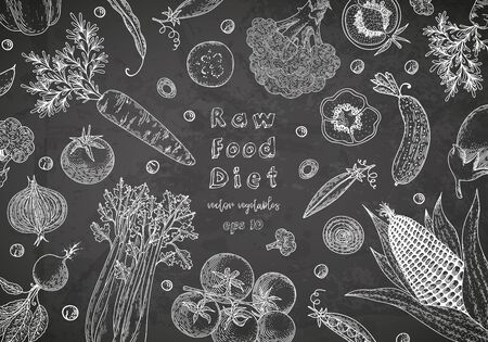 Vector illustration frame with currant, cranberry, blueberry, cherry, raspberry, strawberry and etc. Healthy food design template with berries on chalkboard. Great for design menu, recipes, posterのイラスト素材