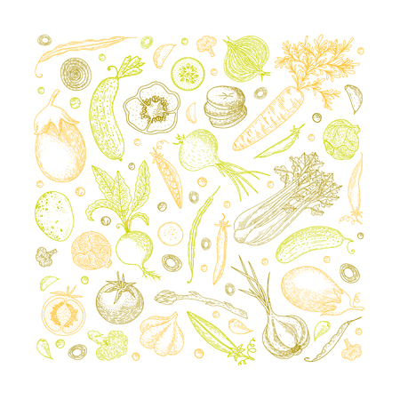 Vegetable vector composition with cucumber, tomato, pepper, eggplant, potato, peas, carrot, broccoli. Healthy food design template with vector vegetables. Great for design menu, recipes posterのイラスト素材