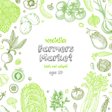Farmers market menu design template. Vegetarian vintage background with natural organic products. Organic detailed vegetables food poster, engraved style great for menu, banner, label, flyer.のイラスト素材
