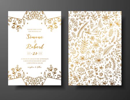 Golden vector wedding invitation with hand drawn twigs, flowers and brahches. Golden botanical template for wedding invite, save the date card, greeting card, place for your text, printable.のイラスト素材