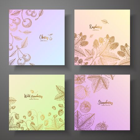 Collection of square gold cards with berries. Vector colorful illustration. Can be used for wrapping paper, farmers market, shop, menu, cafe, restaurant, recipes, packaging design.のイラスト素材