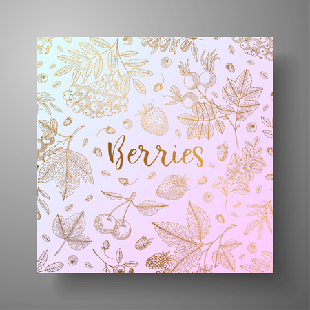 Square golden card with berries. Eco organic food. Vintage engraving. Design templates for menu, promotion, advertising, greeting cards, wrapping paper, cosmetics packaging, labels, flyer.のイラスト素材