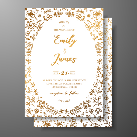 Golden vector wedding invitation with hand drawn twigs, flowers and brahches. Golden botanical template for wedding invite, save the date card, greeting card, place for your text, printableのイラスト素材