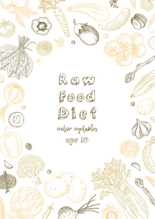 Raw food diet. Vegetarian vintage background with natural organic products. Healthy life. Vector composition of fresh vegetables. Detailed food drawing. Great for menu, banner, label, icon, flyer.のイラスト素材