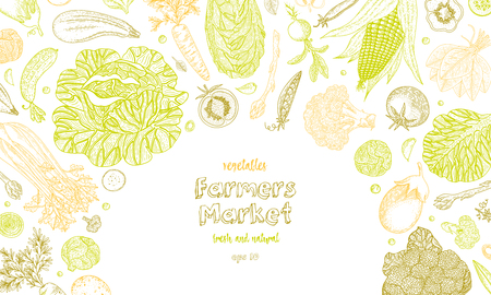 Vegetarian background with natural organic products. Hand drawn vector illustration. Organic vegetables food poster. Healthy food design template with vegetables. Great for design menu, recipes.のイラスト素材