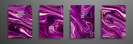 Flyer layout template with mixture of acrylic paints. Liquid marble texture. Fluid art. Applicable for design cover, flyer, poster, placard. Mixed blue, purple and orange paints.のイラスト素材