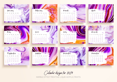 Calendar design for 2019. Set of 12 calendar pages vector design print template with mixture liquid acrylic painted. Marble effect painting. Fluid colors textures. Modern artwork. Trendy design.の写真素材