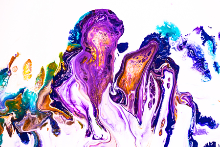 Mixture of acrylic paints. Modern artwork with spots and splashes of color paint. Liquid marble texture. Applicable for design packaging, labels, business cards, and interactive web backgrounds.の写真素材