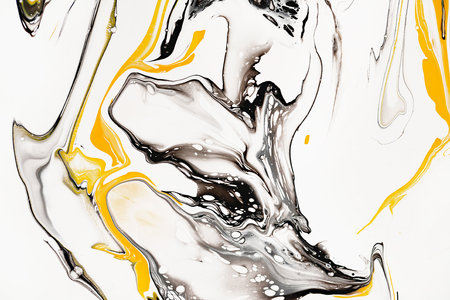 Mixture of acrylic paints. Modern artwork. Yellow and black mixed acrylic paints. Liquid marble texture. Applicable for design packaging, labels, business cards, and interactive web backgrounds.の写真素材