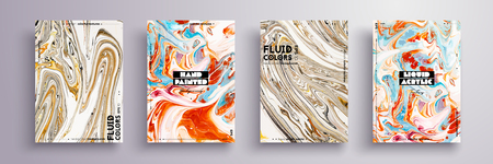 Abstract painting, can be used as a trendy background for wallpaper, poster, invitation, cover and presentation. Fluid art. Liquid marble texture with mixed of acrylic yellow, orange, blue paints.のイラスト素材