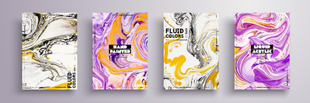 Abstract painting, can be used as a trendy background for wallpaper, poster, invitation, cover and presentation. Fluid art. Liquid marble texture with mixed of acrylic yellow, black, purple paints.のイラスト素材
