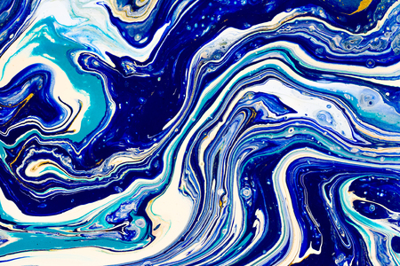 Hand painted background with mixed liquid blue, white, yellow paints. Abstract fluid acrylic painting. Applicable for packaging, invitation, textile, wallpaper, design of different surfacesの写真素材