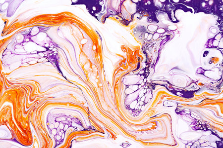 Marbled orange and violet background texture. Colorful granite mineral wallpaper. Abstract colored...