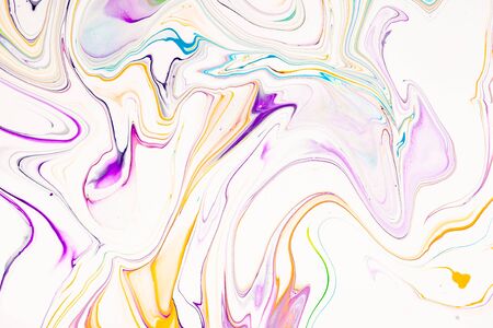 Bright resin art abstract background. Multicolor marble surface, mineral stone texture. Violet, orange and blue paint mix wallpaper. Fluid, color liquid flow effect. Watercolor, acrylic waves, swirlsの写真素材